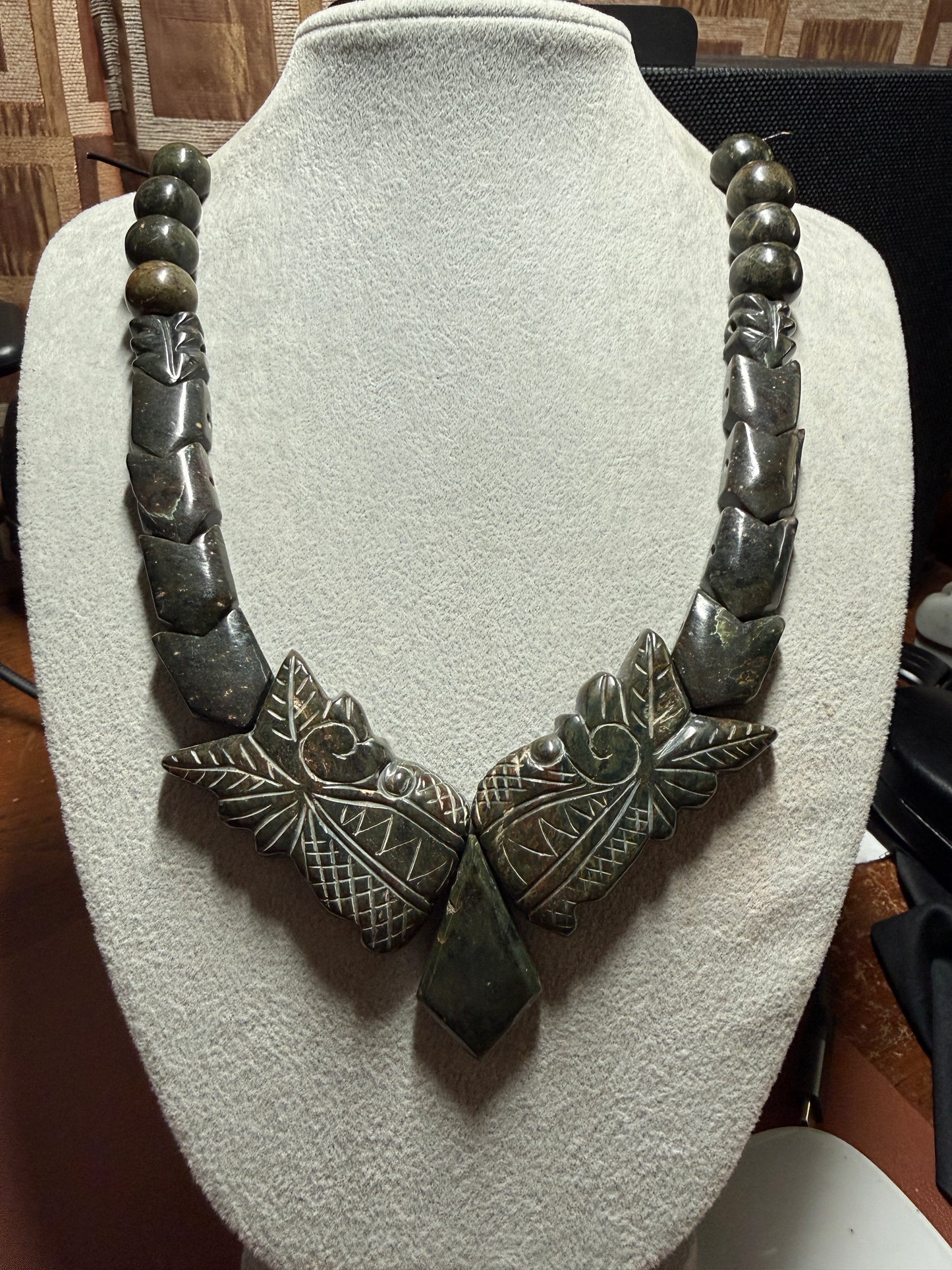 Aztec Quetzalcoatl Mayan Kukulkan handmade necklace carved Serpentine Stone #H