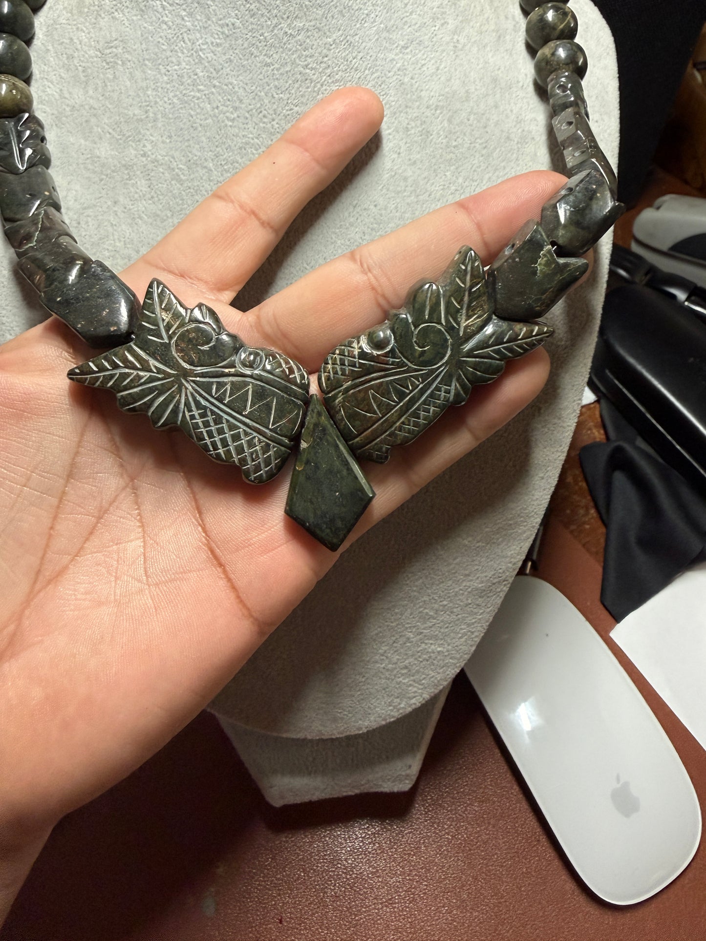 Aztec Quetzalcoatl Mayan Kukulkan handmade necklace carved Serpentine Stone #H