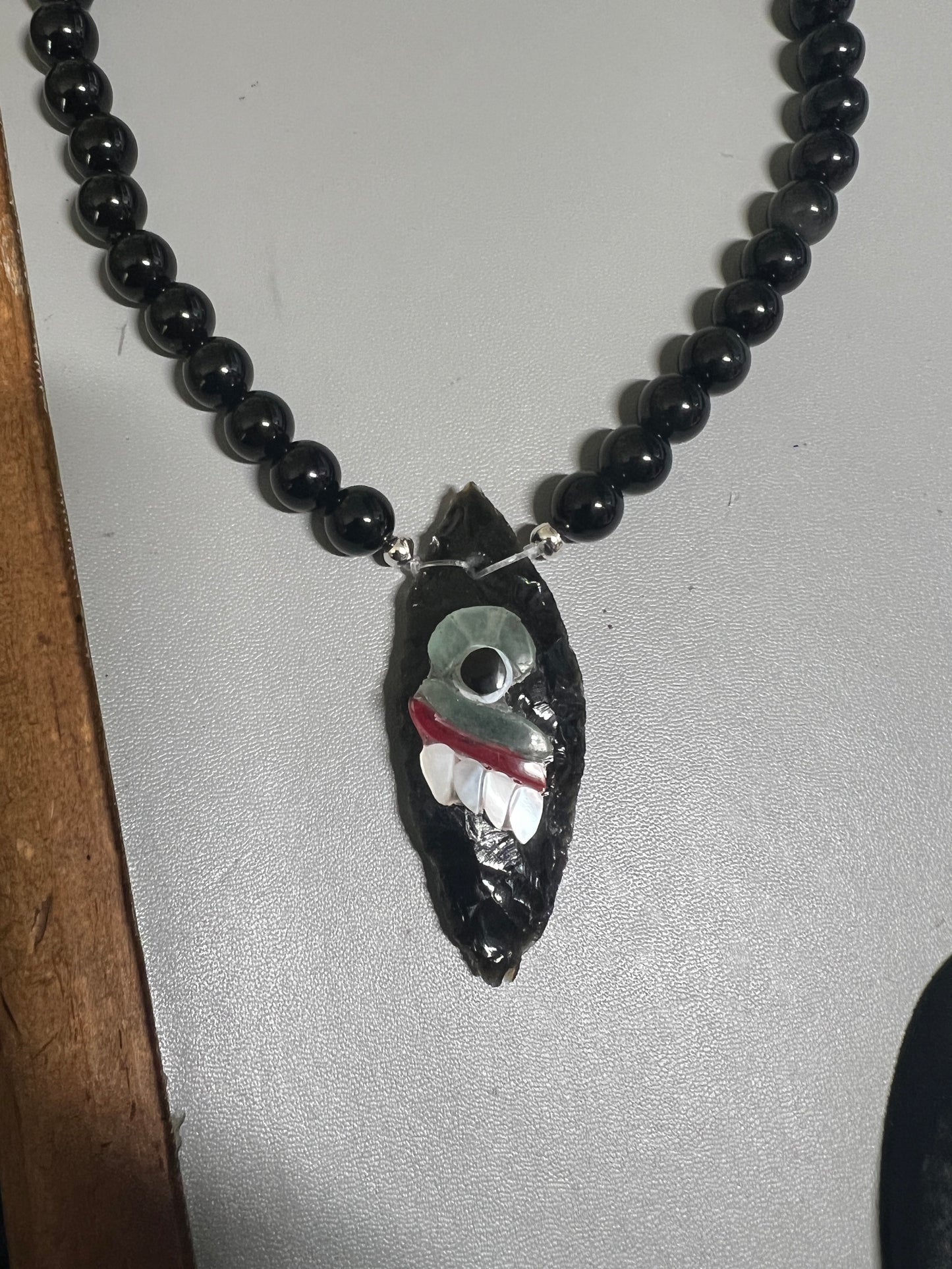 Large Tecpatl Aztec Obsidian Pendant Flint Knife, Obsidian Beaded Necklace, Symbol for Sorcery, Shape Shifting Sterling Silver pendants, Mexico (#13)