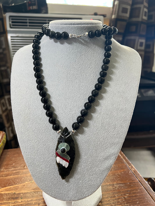 Large Tecpatl Aztec Obsidian Pendant Flint Knife, Obsidian Beaded Necklace, Symbol for Sorcery, Shape Shifting Sterling Silver pendants, Mexico (#13)