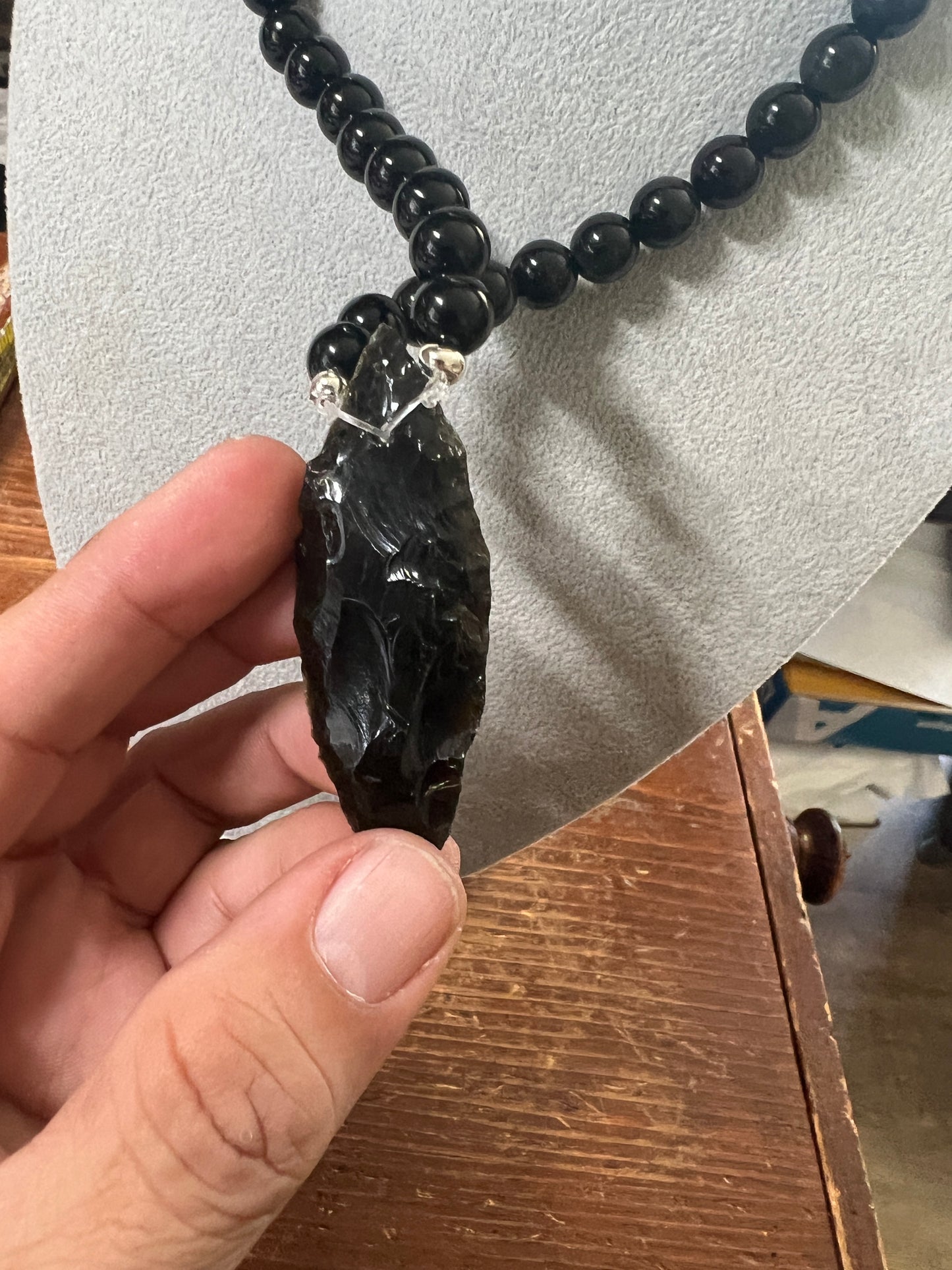 Large Tecpatl Aztec Obsidian Pendant Flint Knife, Obsidian Beaded Necklace, Symbol for Sorcery, Shape Shifting Sterling Silver pendants, Mexico (#13)