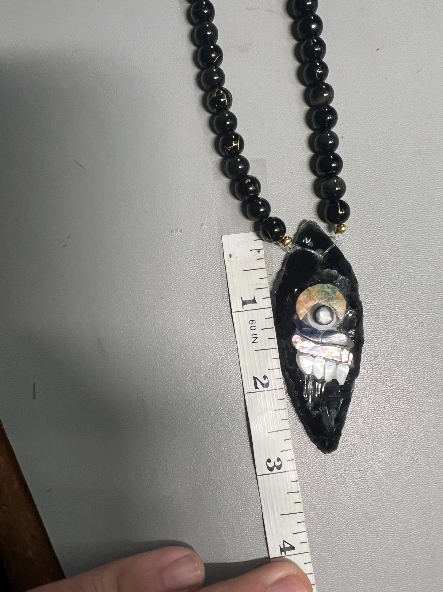 Large Tecpatl Aztec Obsidian Pendant Flint Knife, Gold Stripe Obsidian Beaded Necklace, Symbol for Sorcery, Shape Shifting Sterling Silver pendants, Mexico (#14)