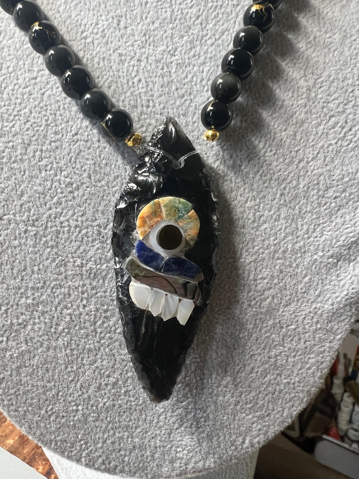 Large Tecpatl Aztec Obsidian Pendant Flint Knife, Gold Stripe Obsidian Beaded Necklace, Symbol for Sorcery, Shape Shifting Sterling Silver pendants, Mexico (#14)