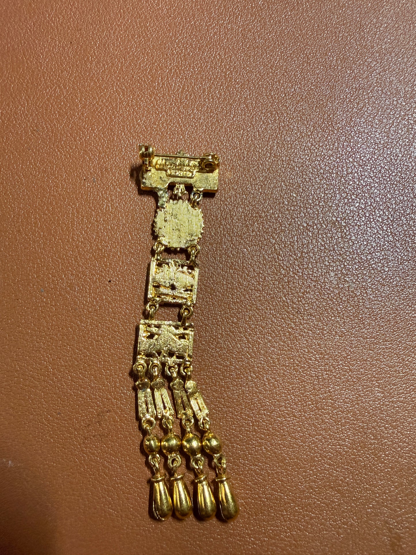 Excellent Rare Vintage Aztec Gold Plated Alloy Pin Brooch, by Salvador Teran for Marbel SA Mexico 1950s REPAIRED (#H)