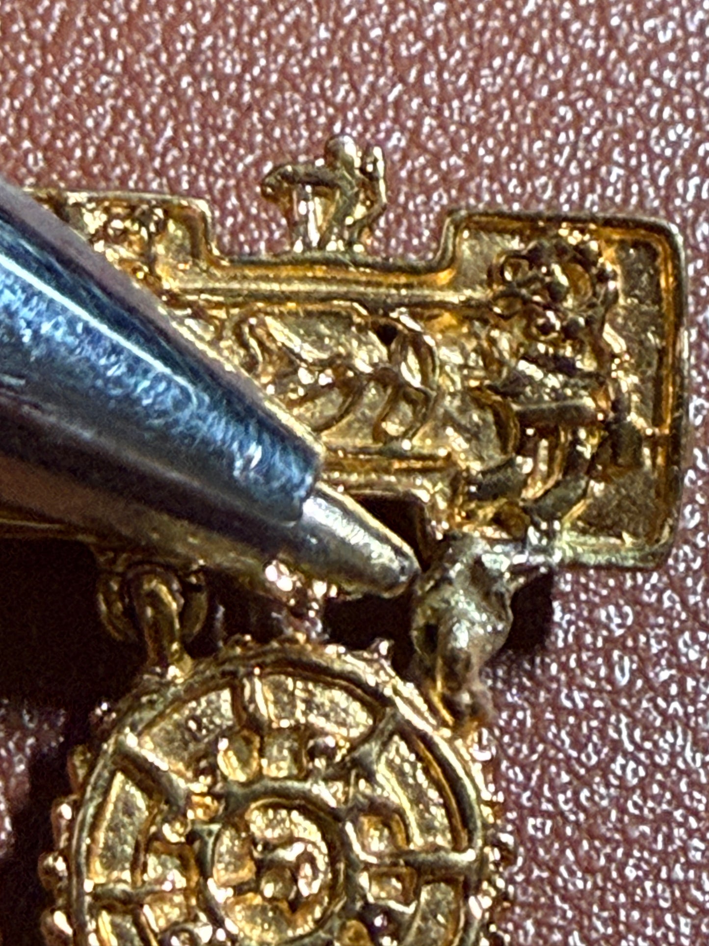 Excellent Rare Vintage Aztec Gold Plated Alloy Pin Brooch, by Salvador Teran for Marbel SA Mexico 1950s REPAIRED (#H)