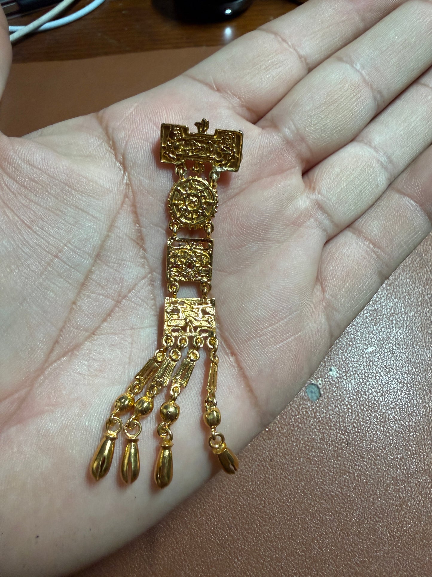 Excellent Rare Vintage Aztec Gold Plated Alloy Pin Brooch, by Salvador Teran for Marbel SA Mexico 1950s REPAIRED (#H)