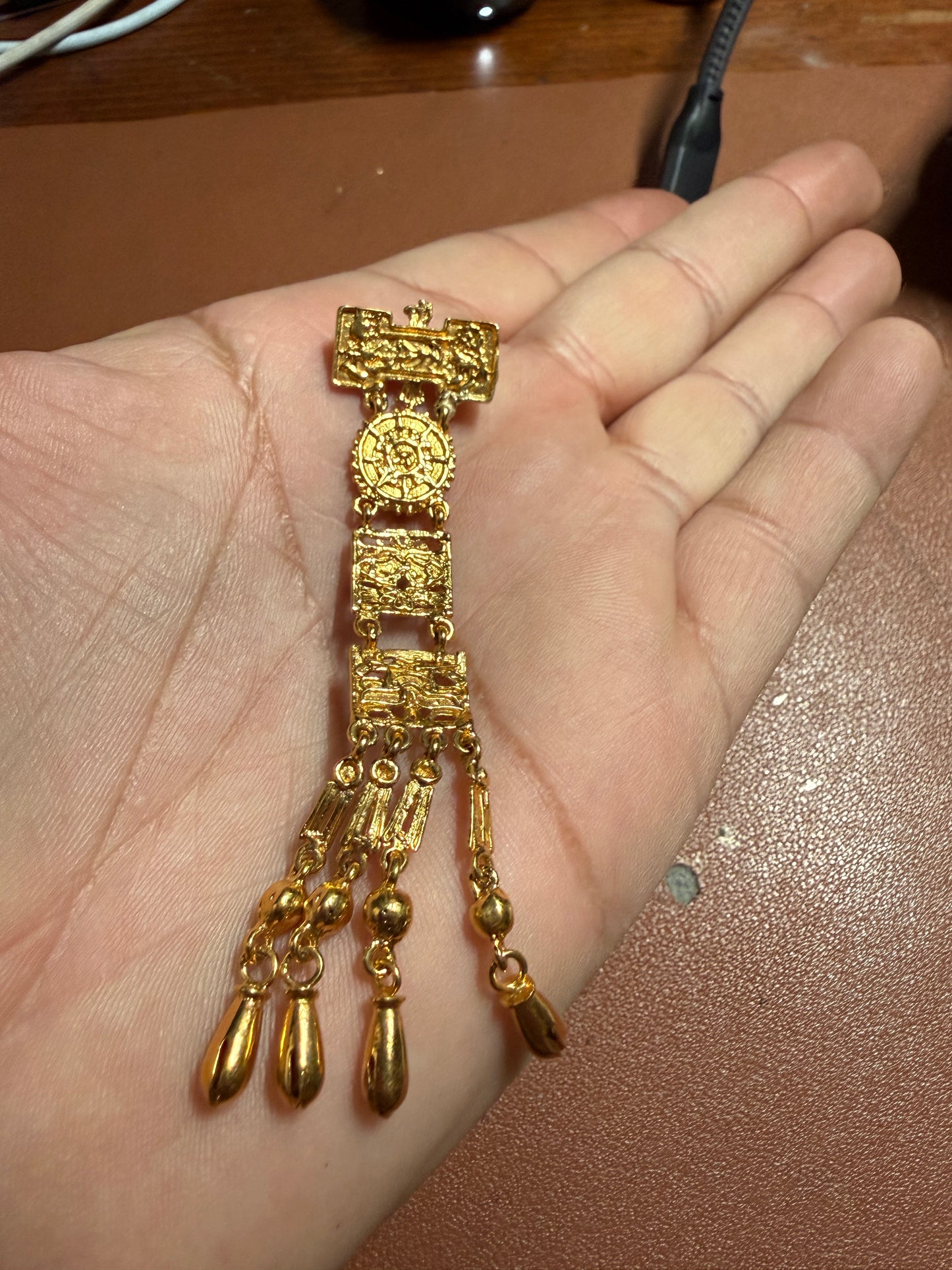 Excellent Rare Vintage Aztec Gold Plated Alloy Pin Brooch, by Salvador Teran for Marbel SA Mexico 1950s REPAIRED (#H)