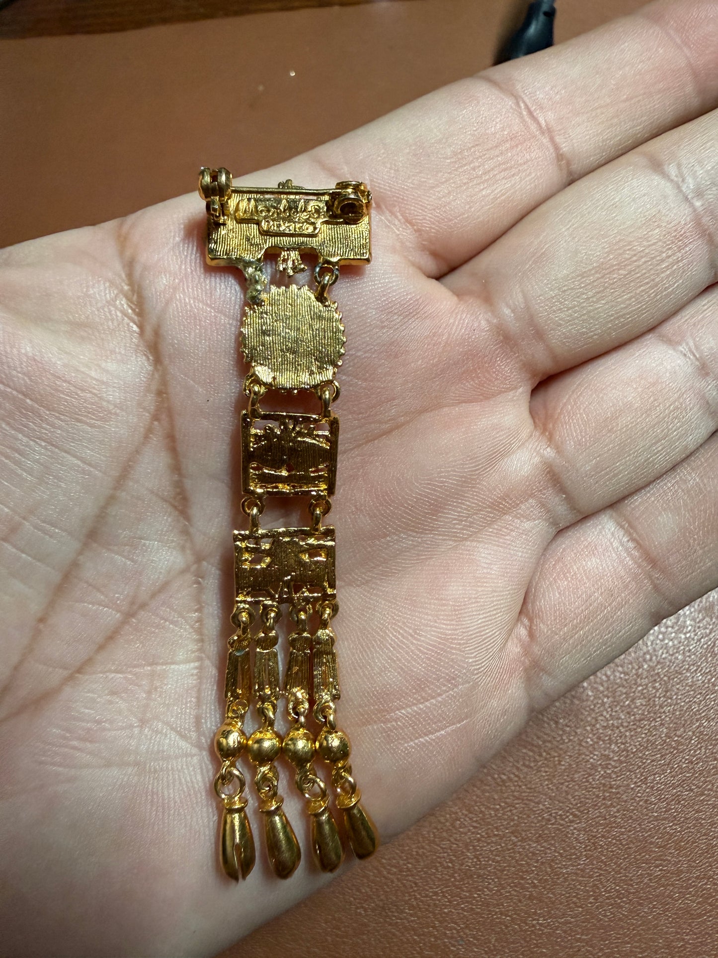 Excellent Rare Vintage Aztec Gold Plated Alloy Pin Brooch, by Salvador Teran for Marbel SA Mexico 1950s REPAIRED (#H)