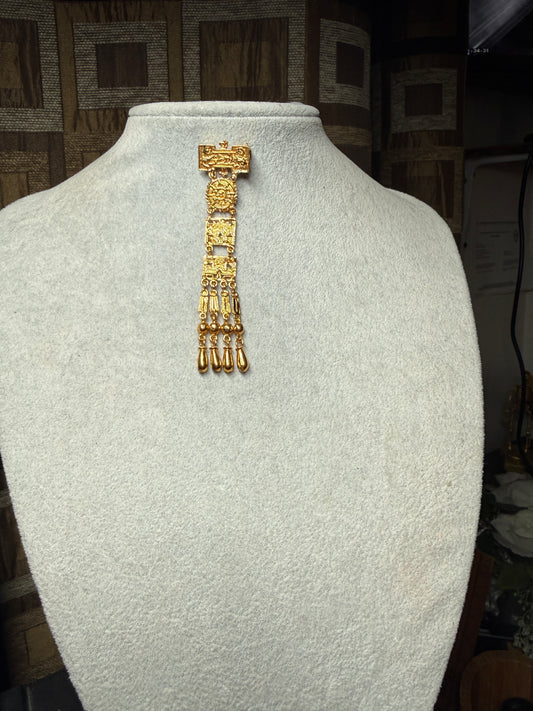 Excellent Rare Vintage Aztec Gold Plated Alloy Pin Brooch, by Salvador Teran for Marbel SA Mexico 1950s REPAIRED (#H)