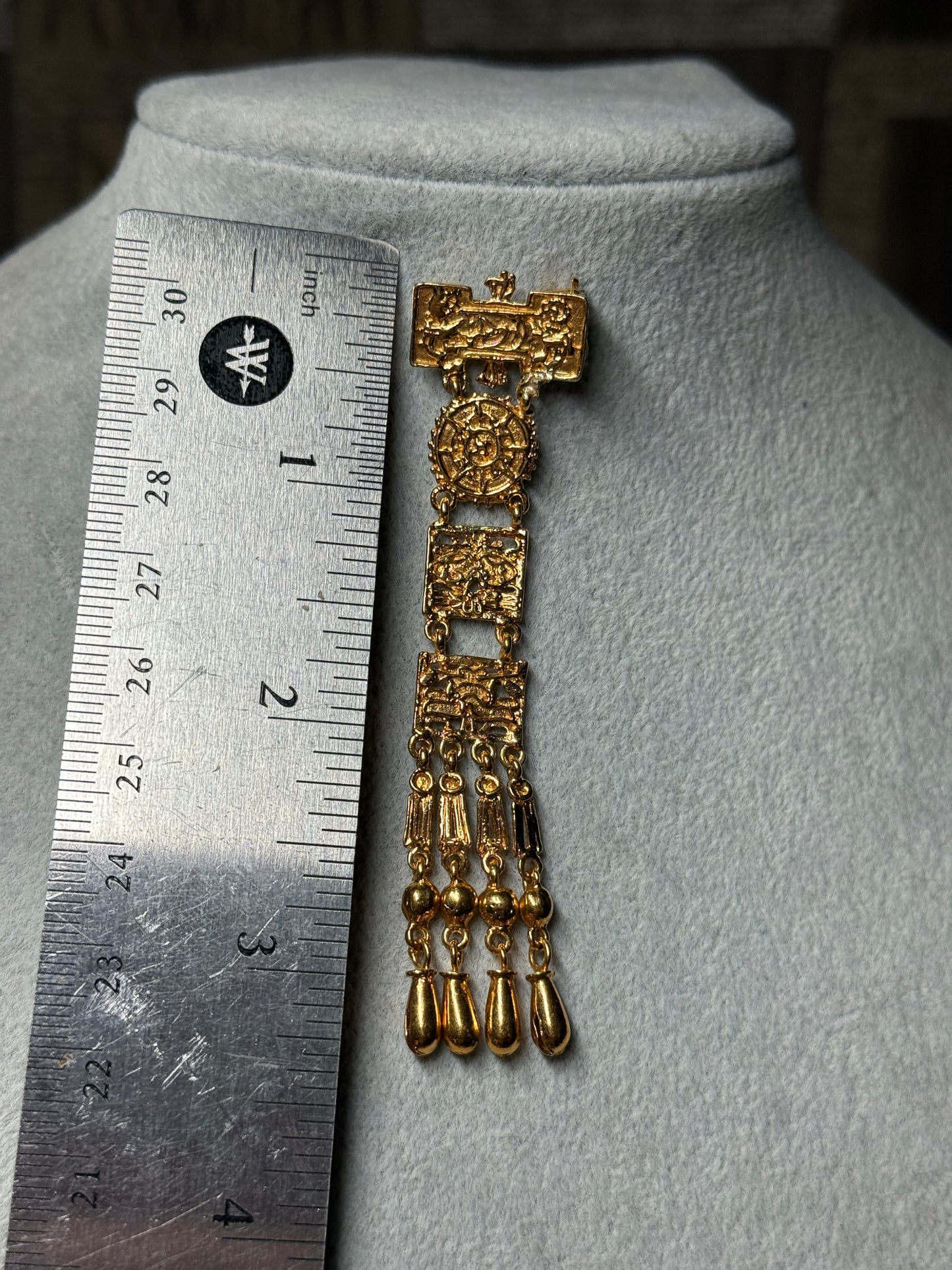 Excellent Rare Vintage Aztec Gold Plated Alloy Pin Brooch, by Salvador Teran for Marbel SA Mexico 1950s REPAIRED (#H)