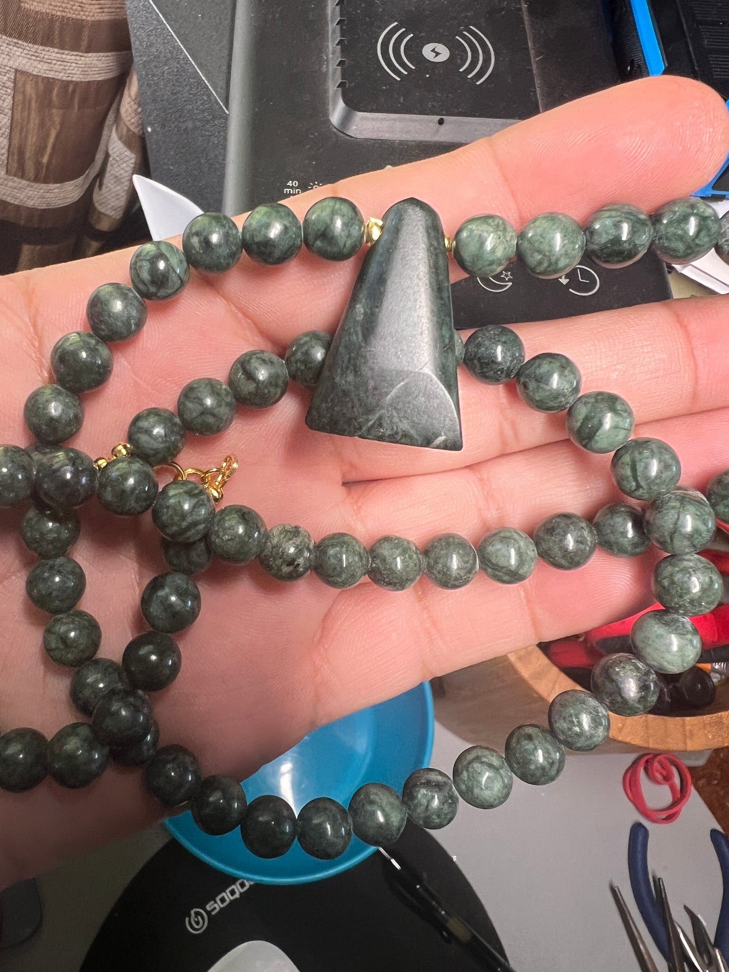 Jade Aztec Axe Beaded Necklace, Hand Made, Jade Beads, Mexica Ancient Mexican (#14)