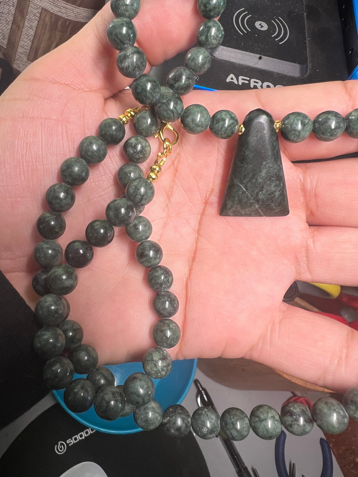 Jade Aztec Axe Beaded Necklace, Hand Made, Jade Beads, Mexica Ancient Mexican (#14)