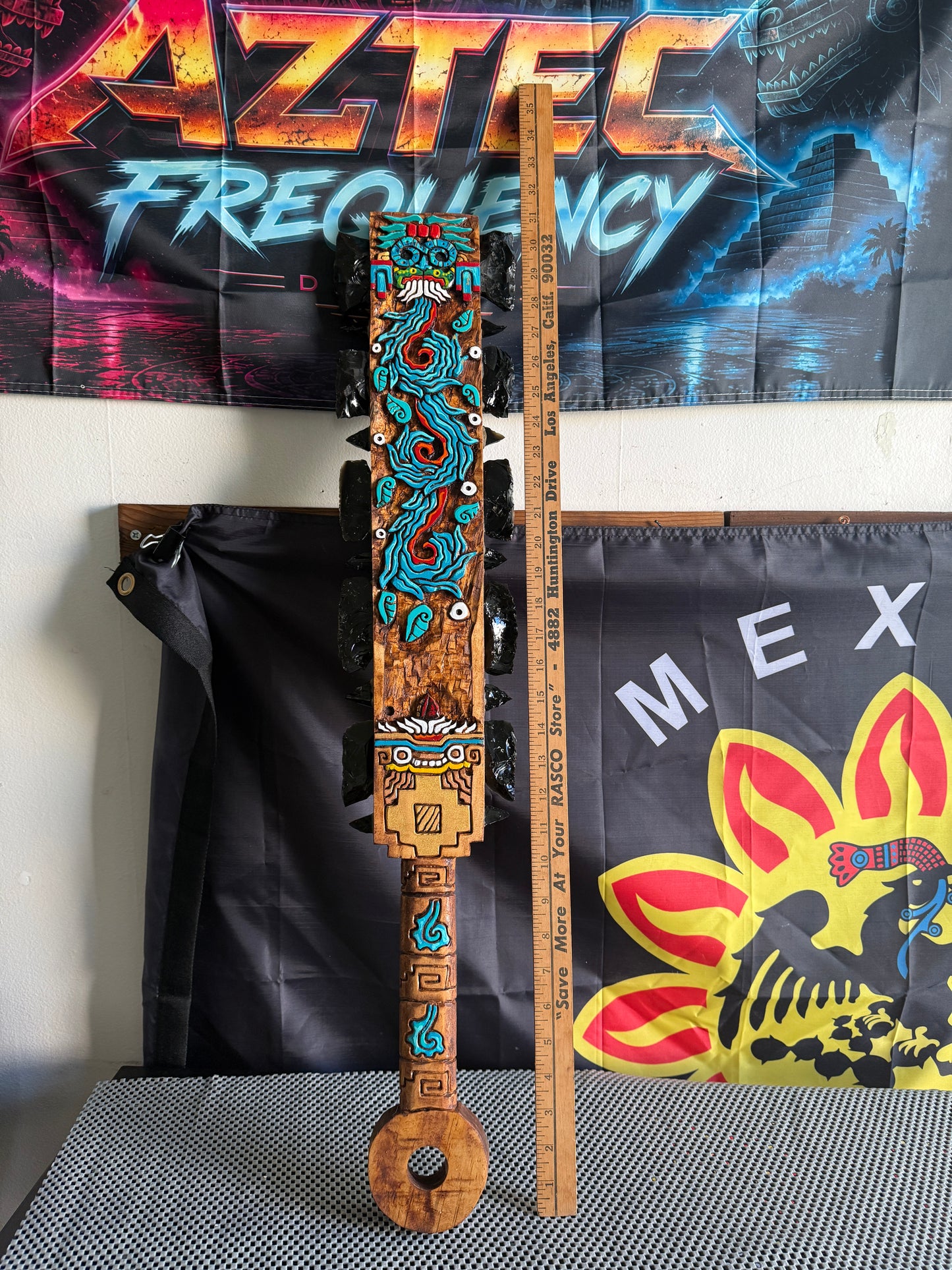 Large Aztec Macuahuitl Tlaloc, Mexica Rain God, Sword Club 31.5" Mexico