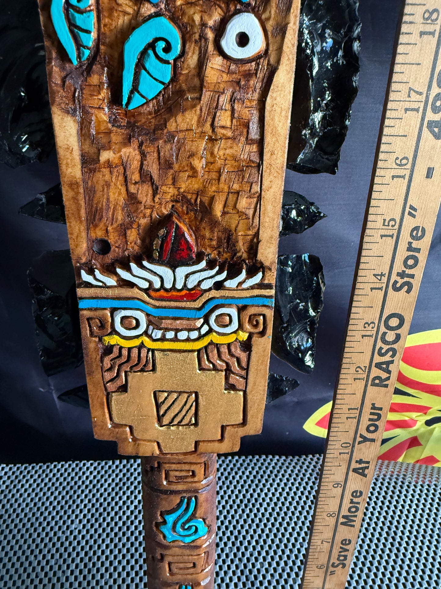 Large Aztec Macuahuitl Tlaloc, Mexica Rain God, Sword Club 31.5" Mexico