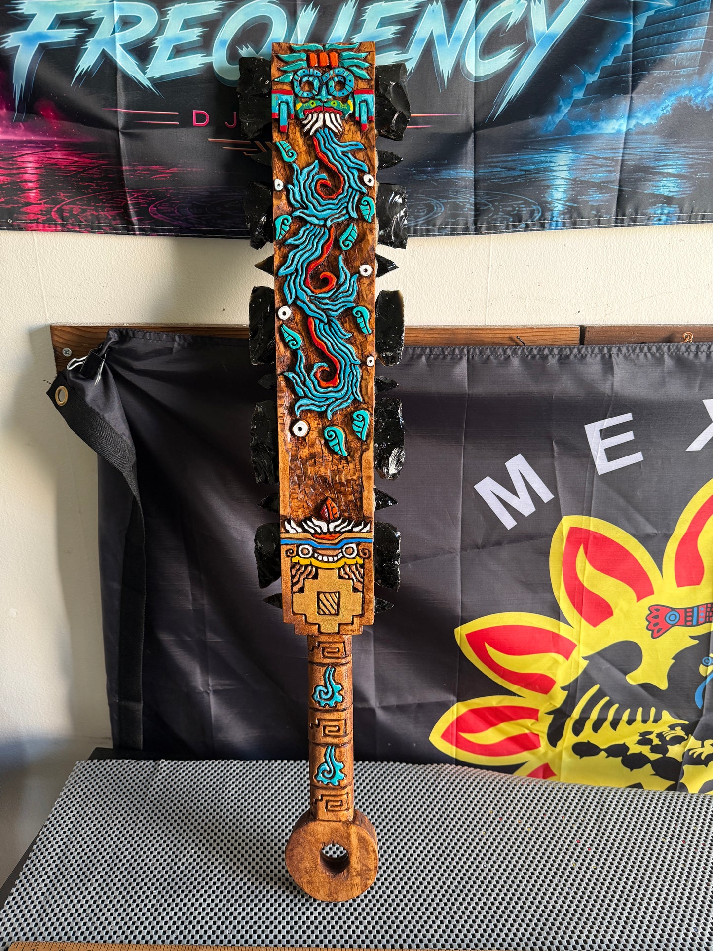 Large Aztec Macuahuitl Tlaloc, Mexica Rain God, Sword Club 31.5" Mexico