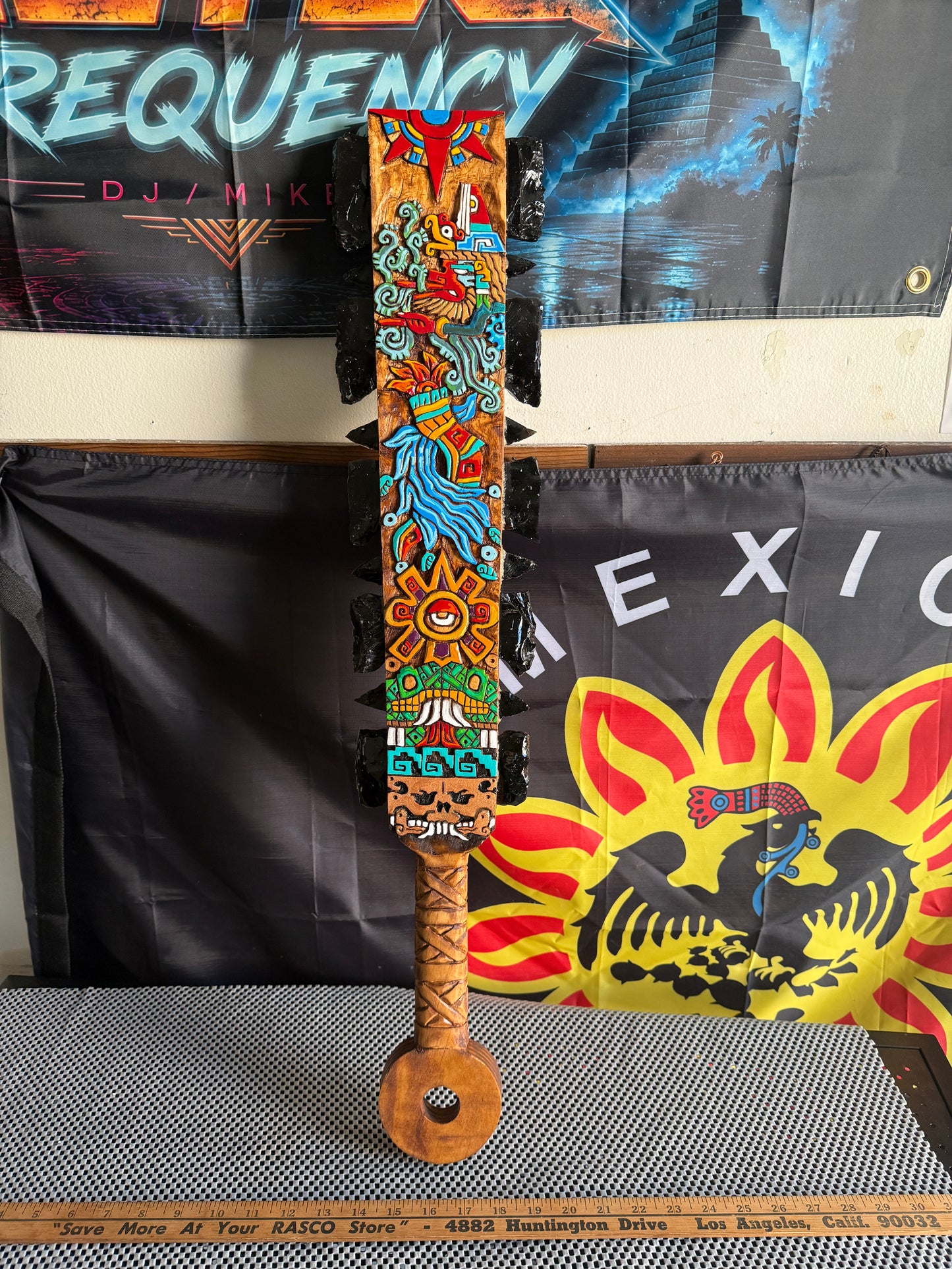 Large Aztec Macuahuitl Quetzalcoatl, Ollin, Coatlicue, Sword Club 31.5" Mexico