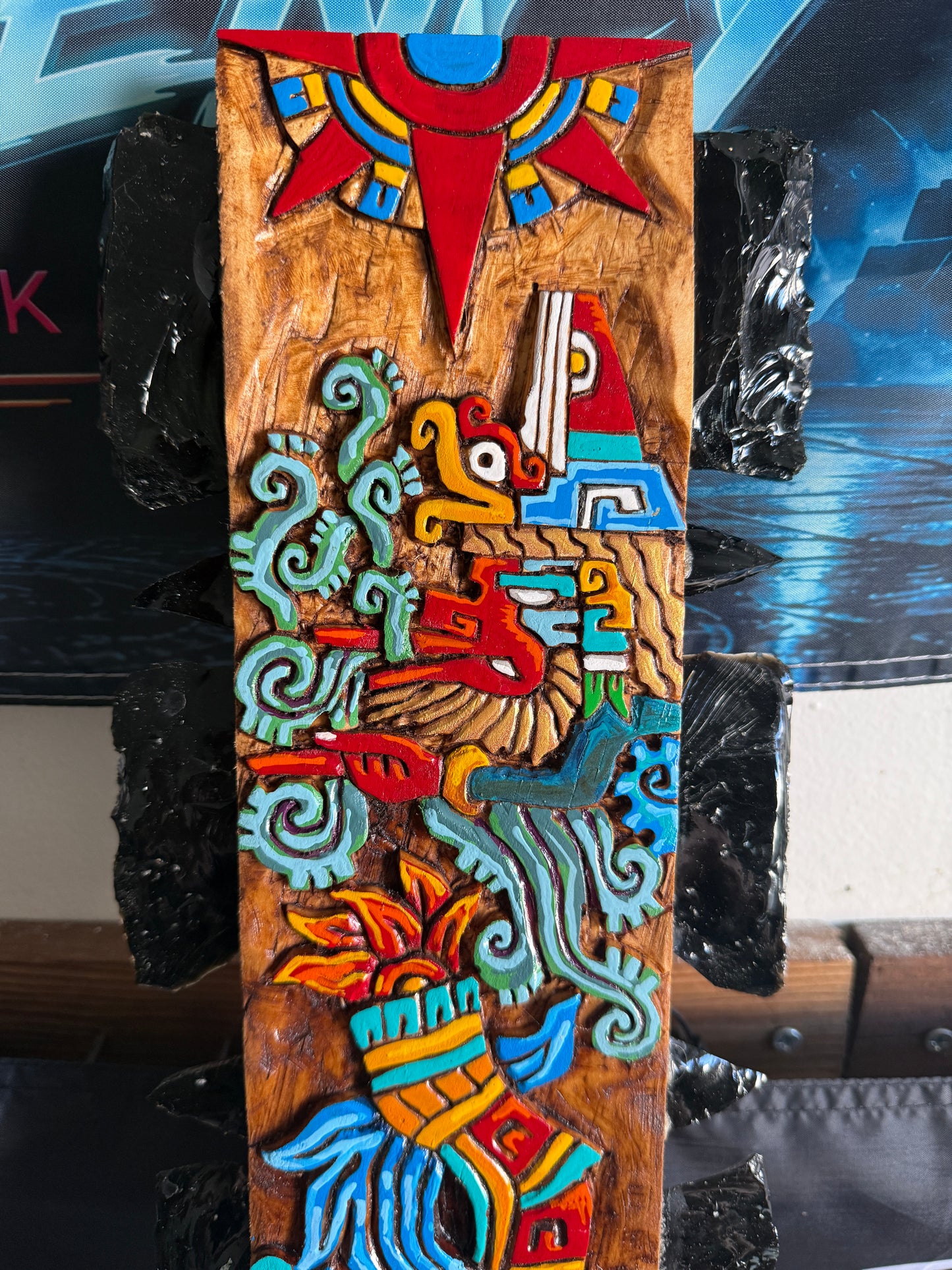Large Aztec Macuahuitl Quetzalcoatl, Ollin, Coatlicue, Sword Club 31.5" Mexico