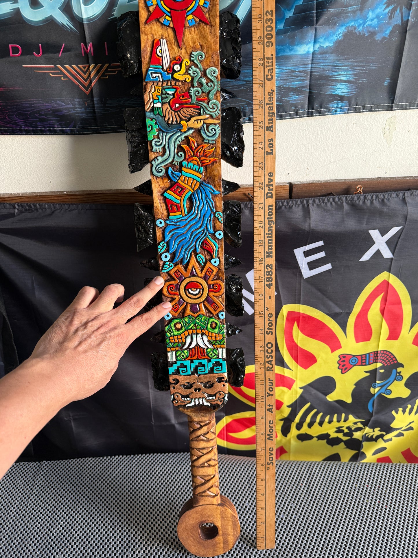 Large Aztec Macuahuitl Quetzalcoatl, Ollin, Coatlicue, Sword Club 31.5" Mexico