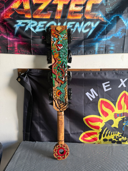 Large Aztec Macuahuitl Huitilipochtli, Quetzalcoatl,Hummingbird, Sword Club 31.5" Mexico