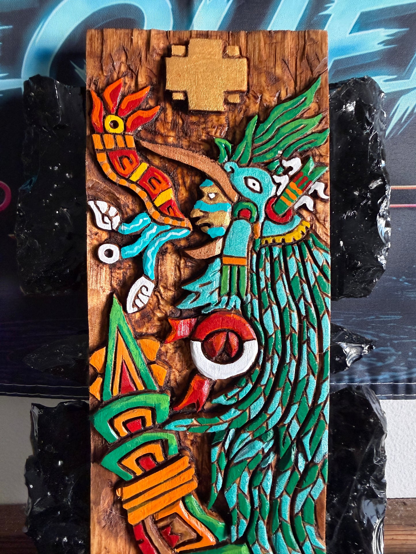Large Aztec Macuahuitl Huitilipochtli, Quetzalcoatl,Hummingbird, Sword Club 31.5" Mexico