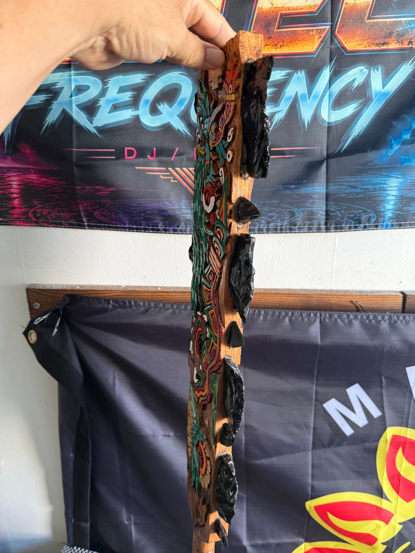 Large Aztec Macuahuitl Huitilipochtli, Quetzalcoatl,Hummingbird, Sword Club 31.5" Mexico