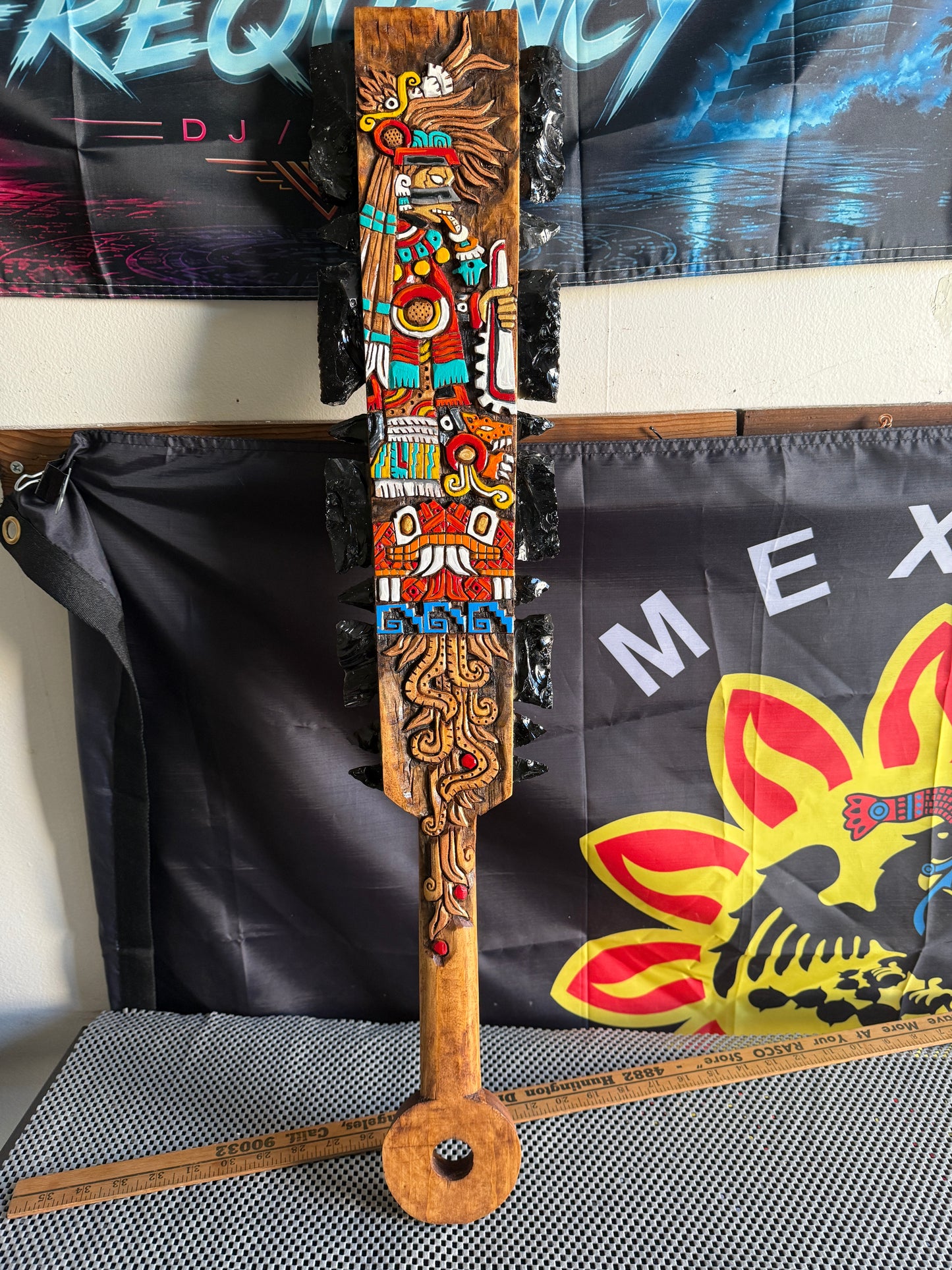 Large Aztec Macuahuitl Tezcatlipoca, Coatlicue, Sword Club 31.5" Mexico Handmade