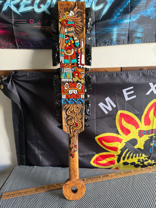 Large Aztec Macuahuitl Tezcatlipoca, Coatlicue, Sword Club 31.5" Mexico Handmade
