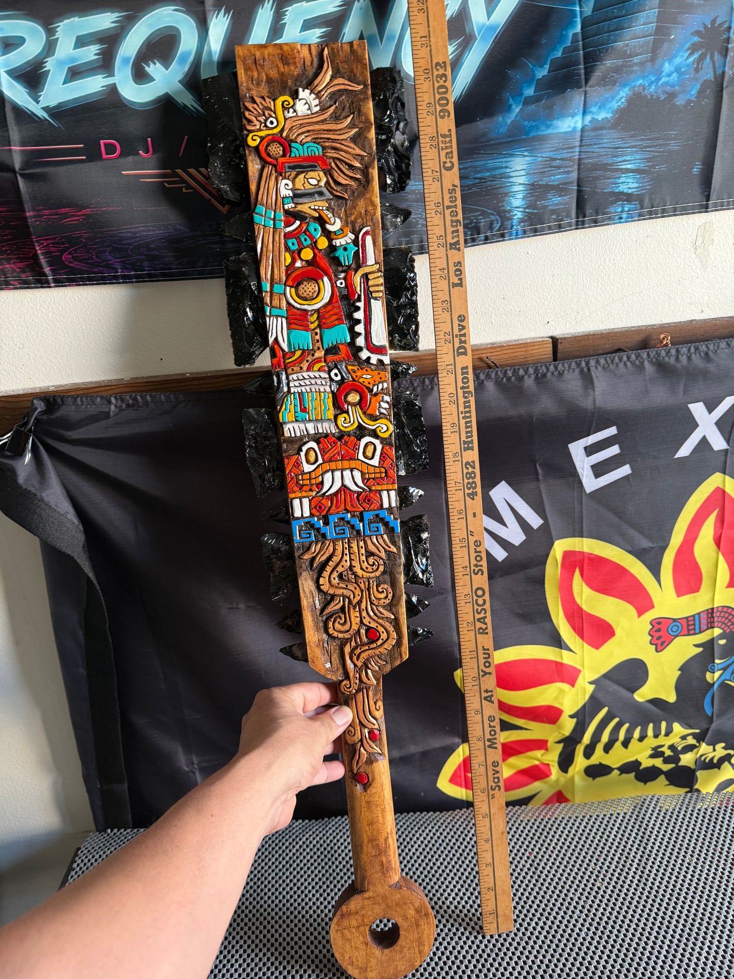 Large Aztec Macuahuitl Tezcatlipoca, Coatlicue, Sword Club 31.5" Mexico Handmade