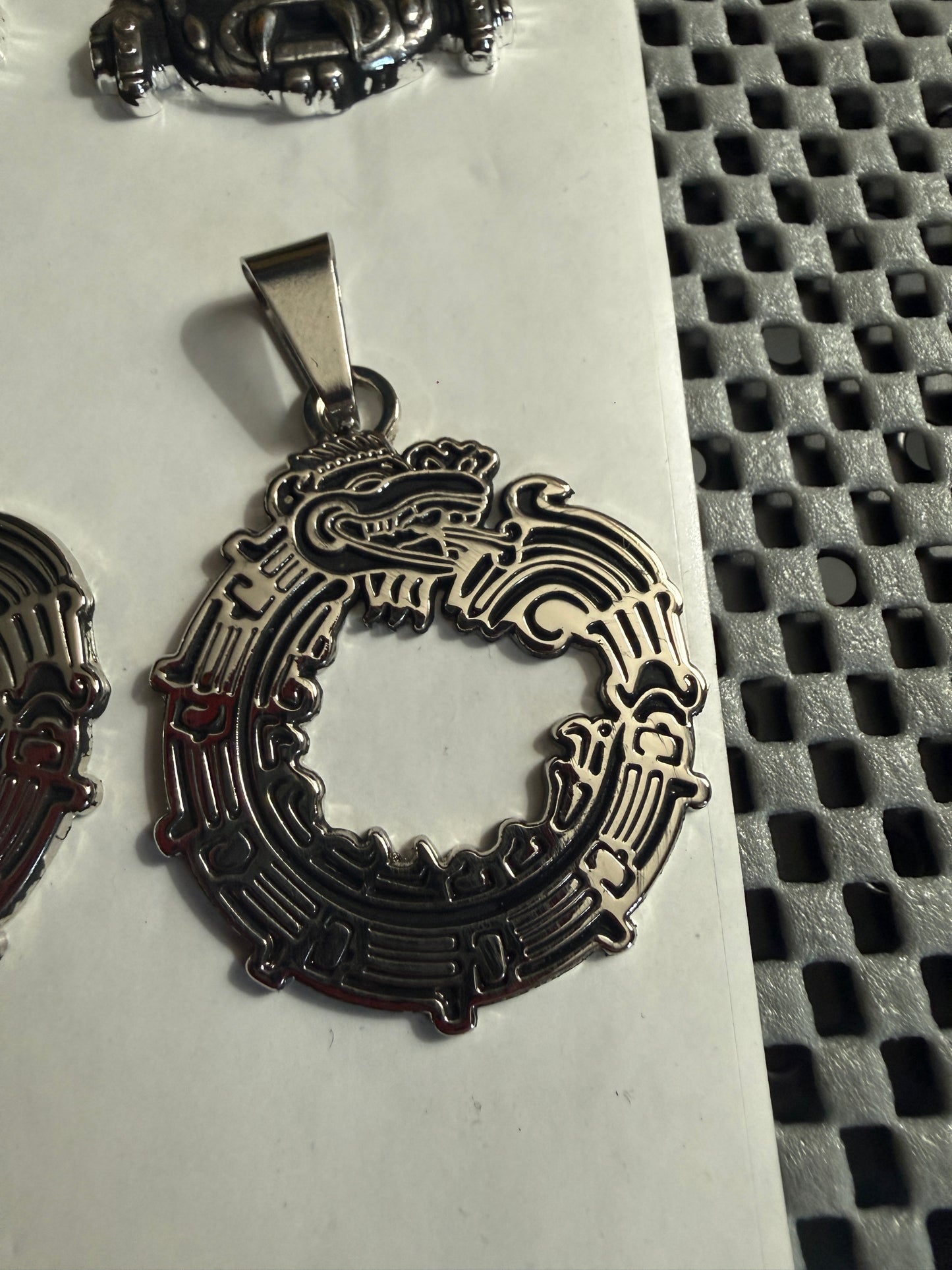 Aztec Quetzalcoatl Mayan Kukulkan Dragon Pendant, Antiqued Silver Tone Metal, Mexican #18