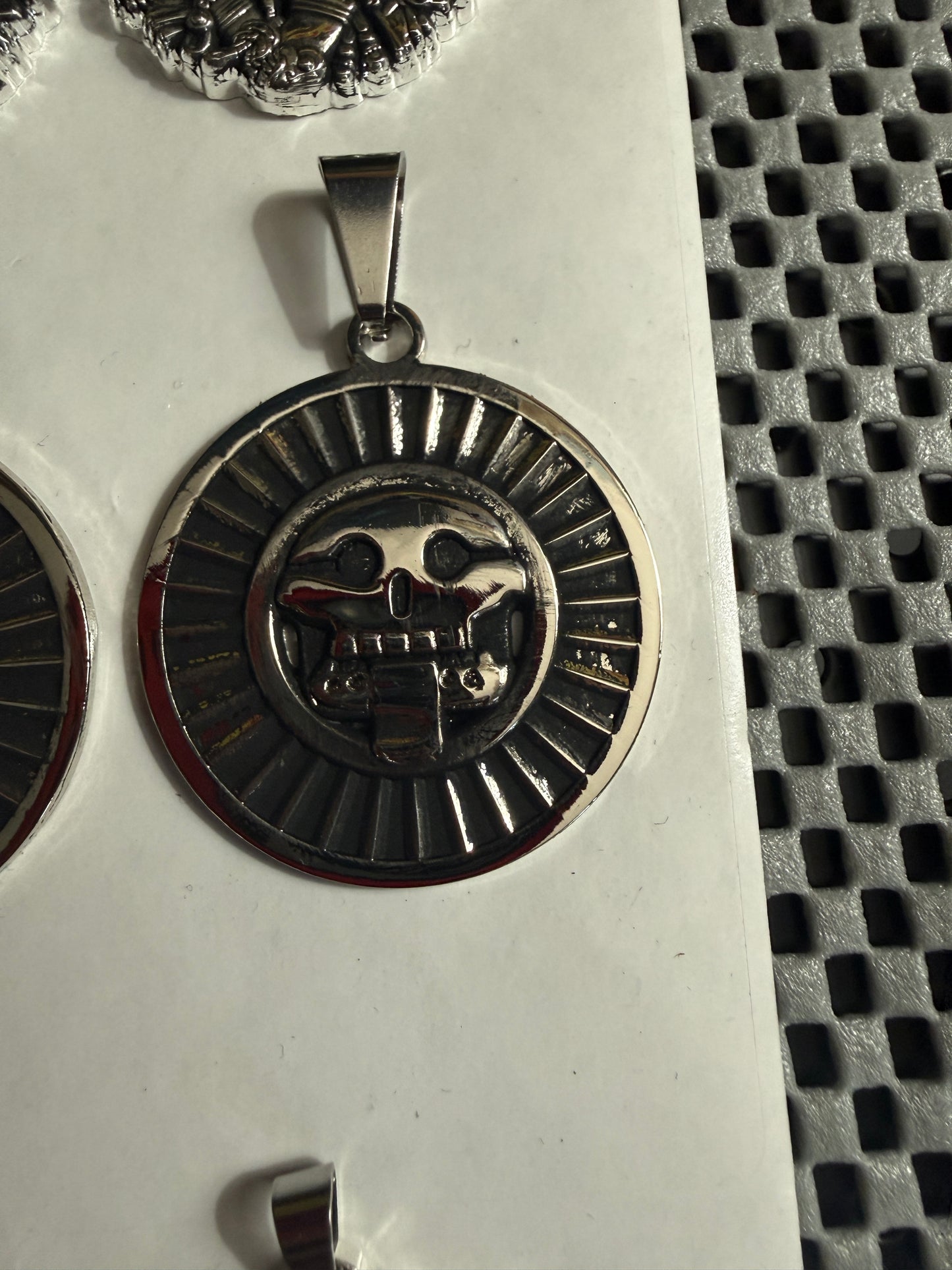 Piedra Muerte Pendant, Disk, Antiqued Silver Tone Metal, Aztec Mexica #18