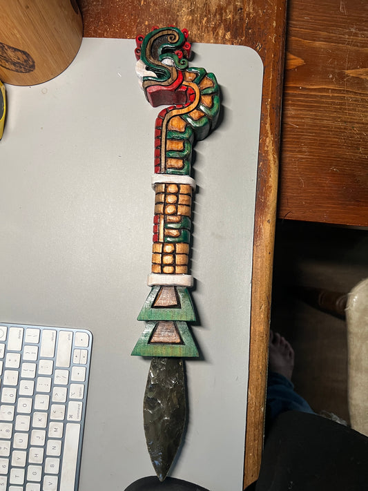 Huitzilopochtli's Xiuhcoatl Fire Serpent Dagger, Aztec Fire Serpent, Mexica Spear Thrower, Deep Wood Carved, 19" Painted