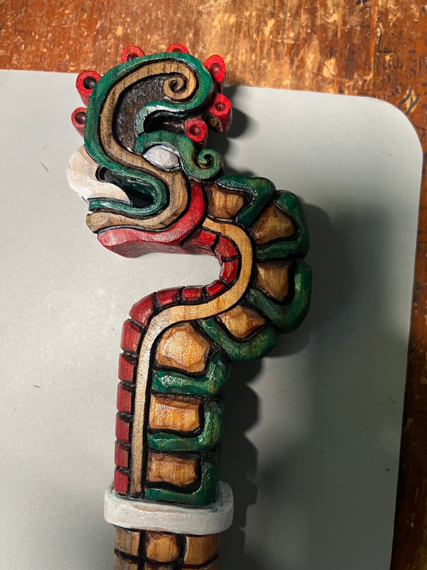 Huitzilopochtli's Xiuhcoatl Fire Serpent Dagger, Aztec Fire Serpent, Mexica Spear Thrower, Deep Wood Carved, 19" Painted