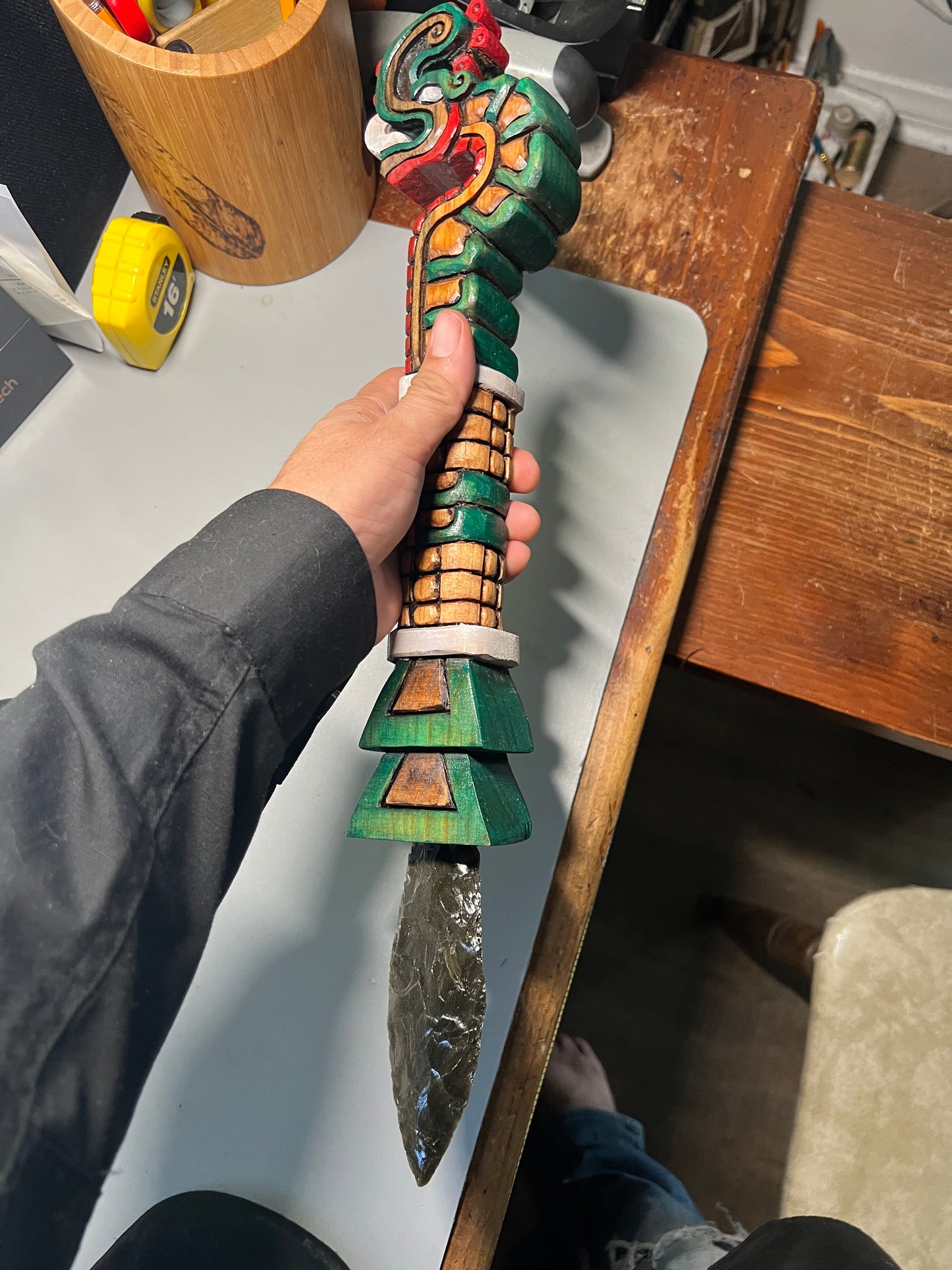 Huitzilopochtli's Xiuhcoatl Fire Serpent Dagger, Aztec Fire Serpent, Mexica Spear Thrower, Deep Wood Carved, 19" Painted