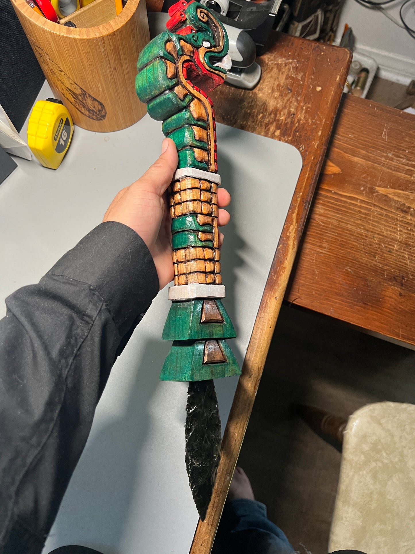 Huitzilopochtli's Xiuhcoatl Fire Serpent Dagger, Aztec Fire Serpent, Mexica Spear Thrower, Deep Wood Carved, 19" Painted