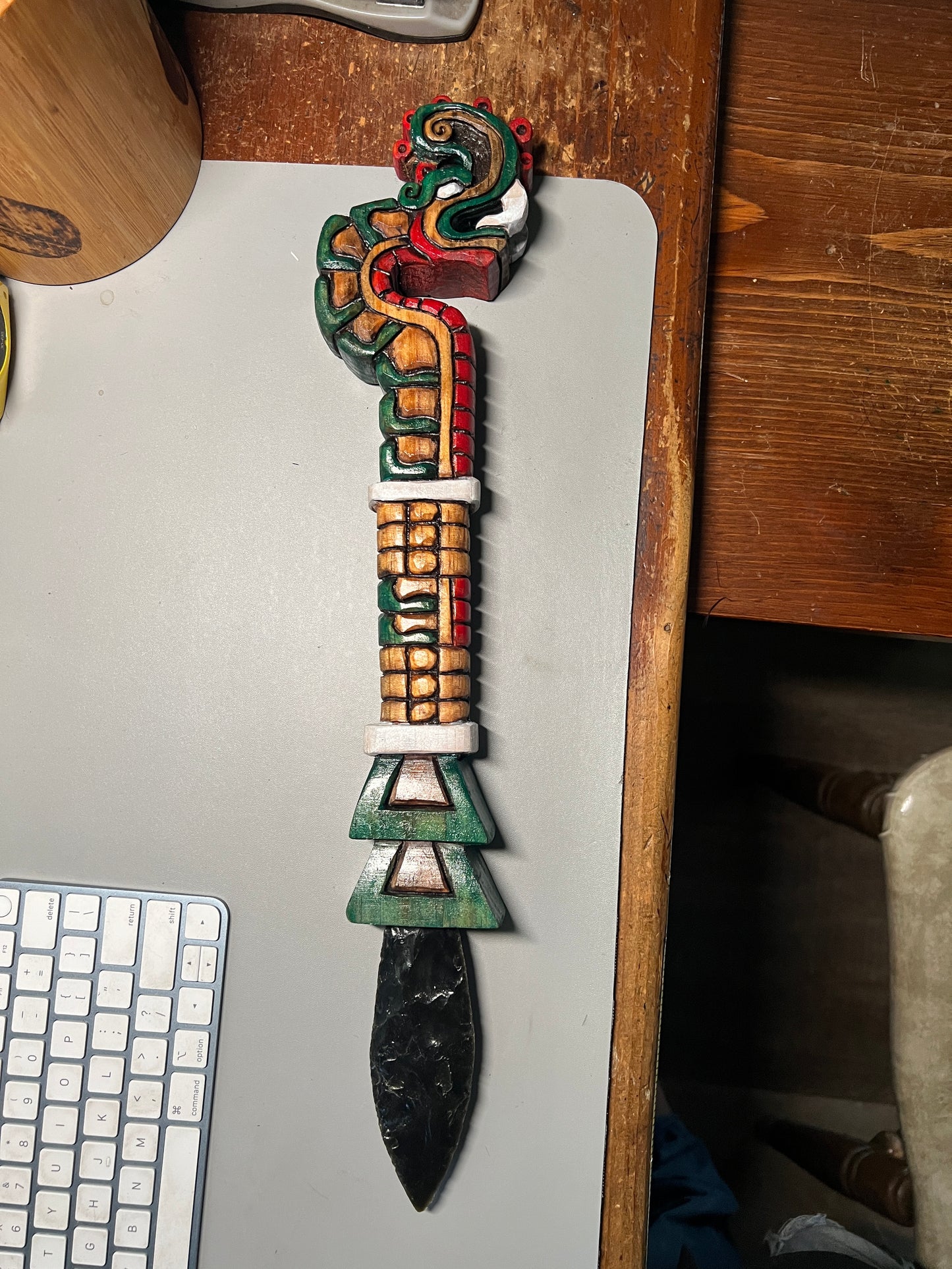 Huitzilopochtli's Xiuhcoatl Fire Serpent Dagger, Aztec Fire Serpent, Mexica Spear Thrower, Deep Wood Carved, 19" Painted