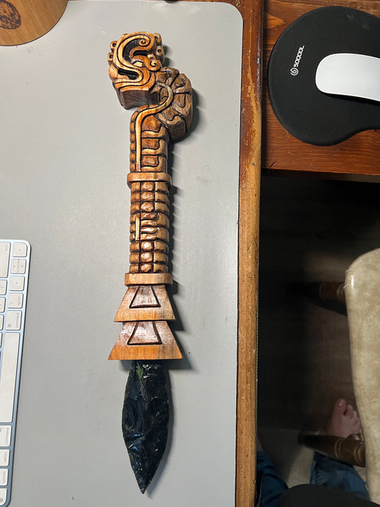 Huitzilopochtli's Xiuhcoatl Fire Serpent Dagger, Aztec Fire Serpent, Mexica Spear Thrower, Deep Wood Carved, 19"