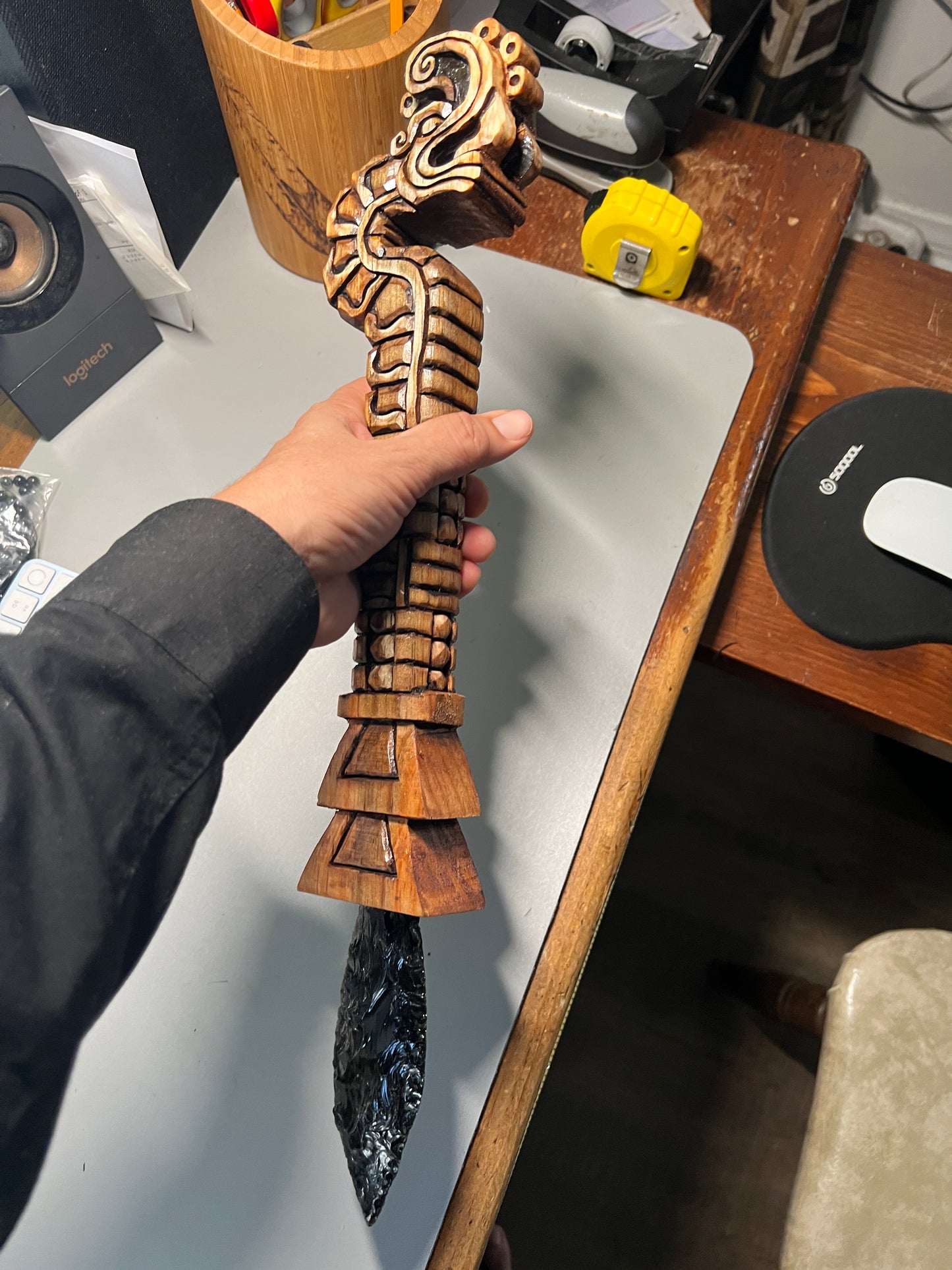 Huitzilopochtli's Xiuhcoatl Fire Serpent Dagger, Aztec Fire Serpent, Mexica Spear Thrower, Deep Wood Carved, 19"