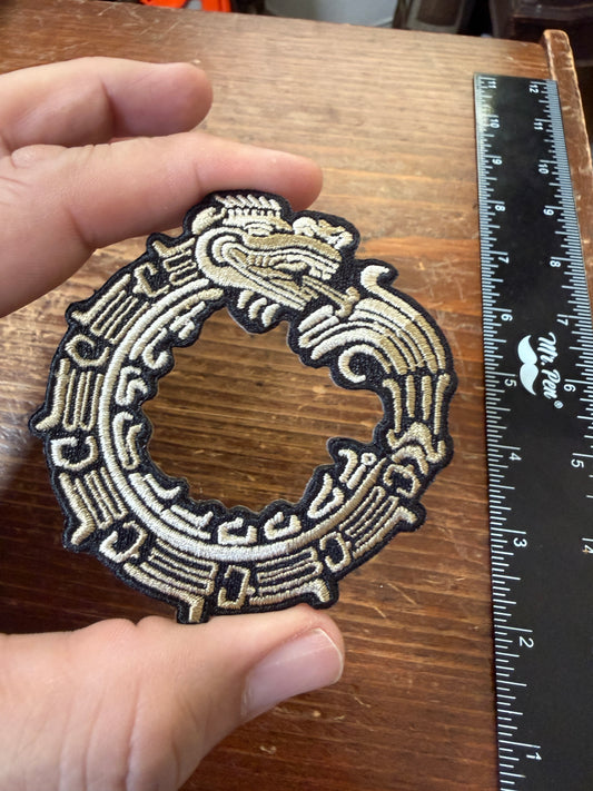 Small Quetzalcoatl the Feathered Serpent Aztec God Patch, Golden, Mexica, 3", patches (#42)
