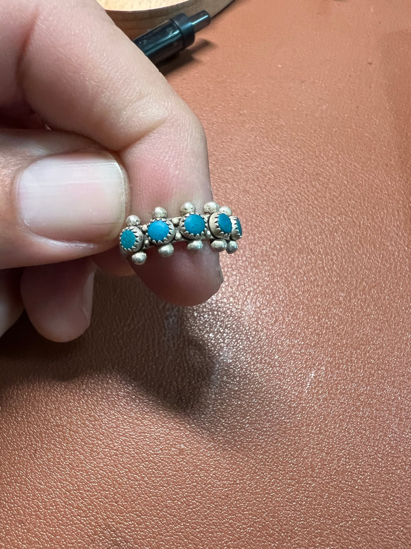 Women's size 5 old sterling silver ring with turquoise stones, vintage, pre-owned condition (#1)