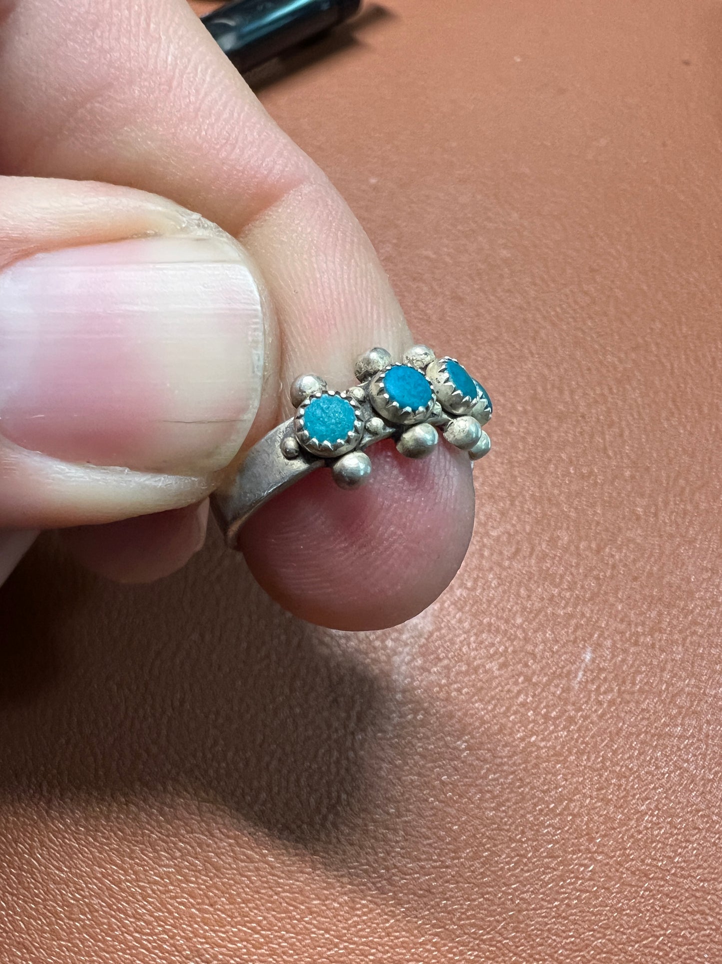 Women's size 5 old sterling silver ring with turquoise stones, vintage, pre-owned condition (#1)