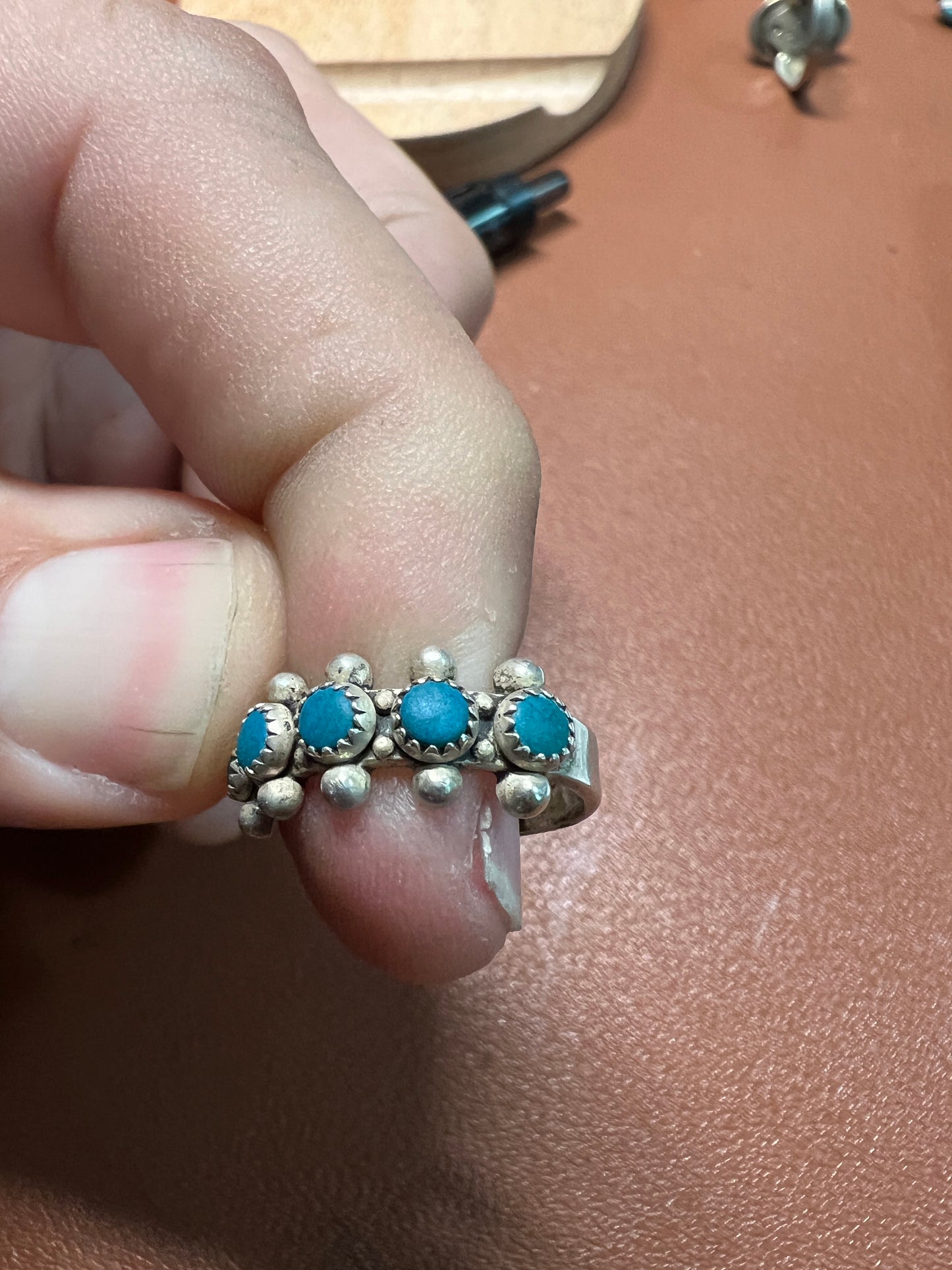 Women's size 5 old sterling silver ring with turquoise stones, vintage, pre-owned condition (#1)