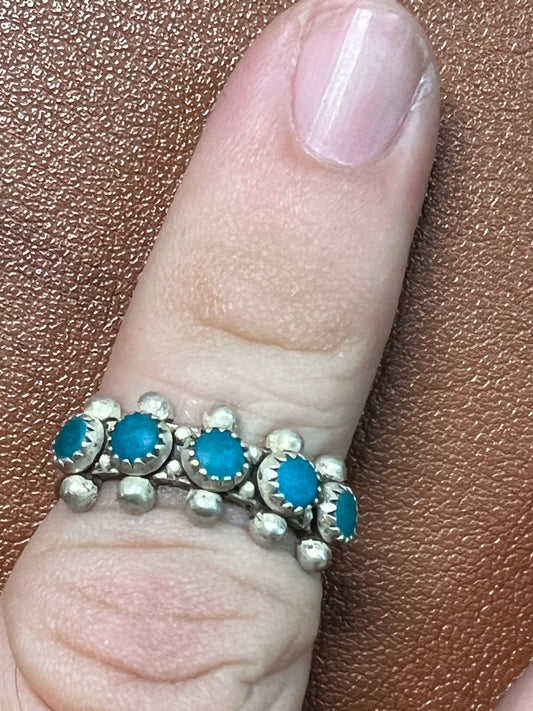 Women's size 5 old sterling silver ring with turquoise stones, vintage, pre-owned condition (#1)