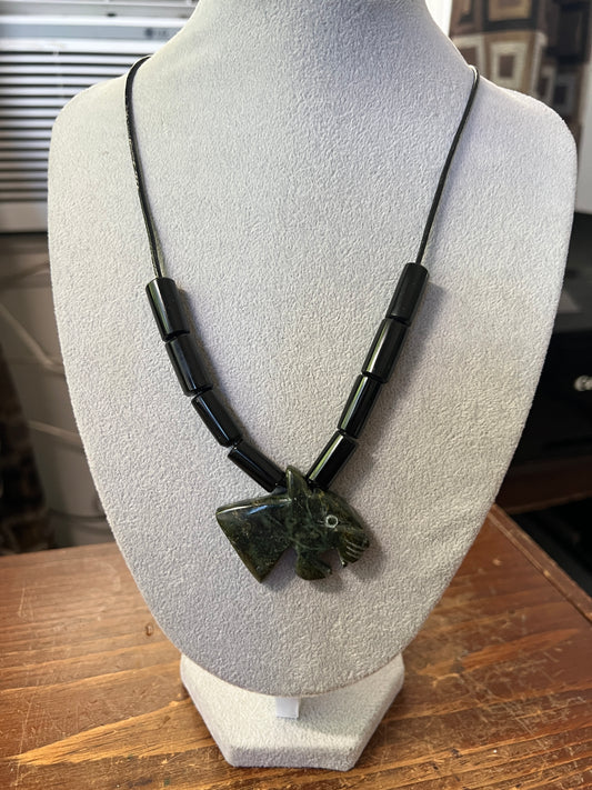 Jaguar Jade Pendant, Obsidian Cylindrical Beaded Necklace, Aztec, Mexica, Mayan, Adjustable, Mexico (#14)