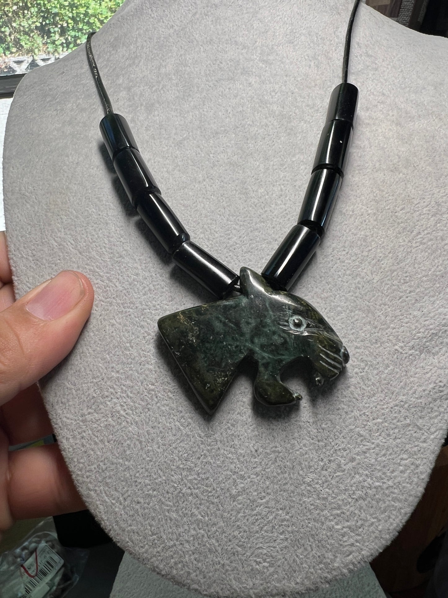 Jaguar Jade Pendant, Obsidian Cylindrical Beaded Necklace, Aztec, Mexica, Mayan, Adjustable, Mexico (#14)