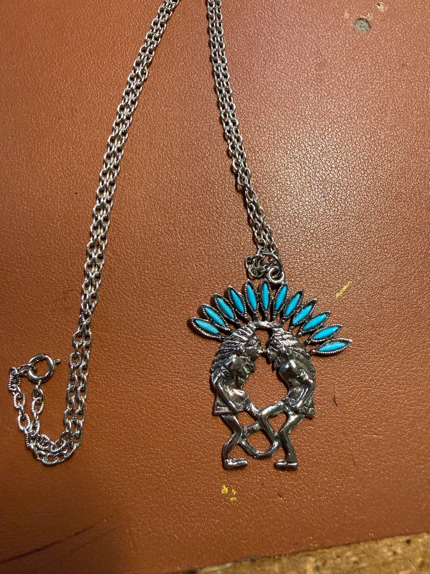 Native American Pendant Necklace, Chiefs, Headdress, Stainless Steel 25" long #12