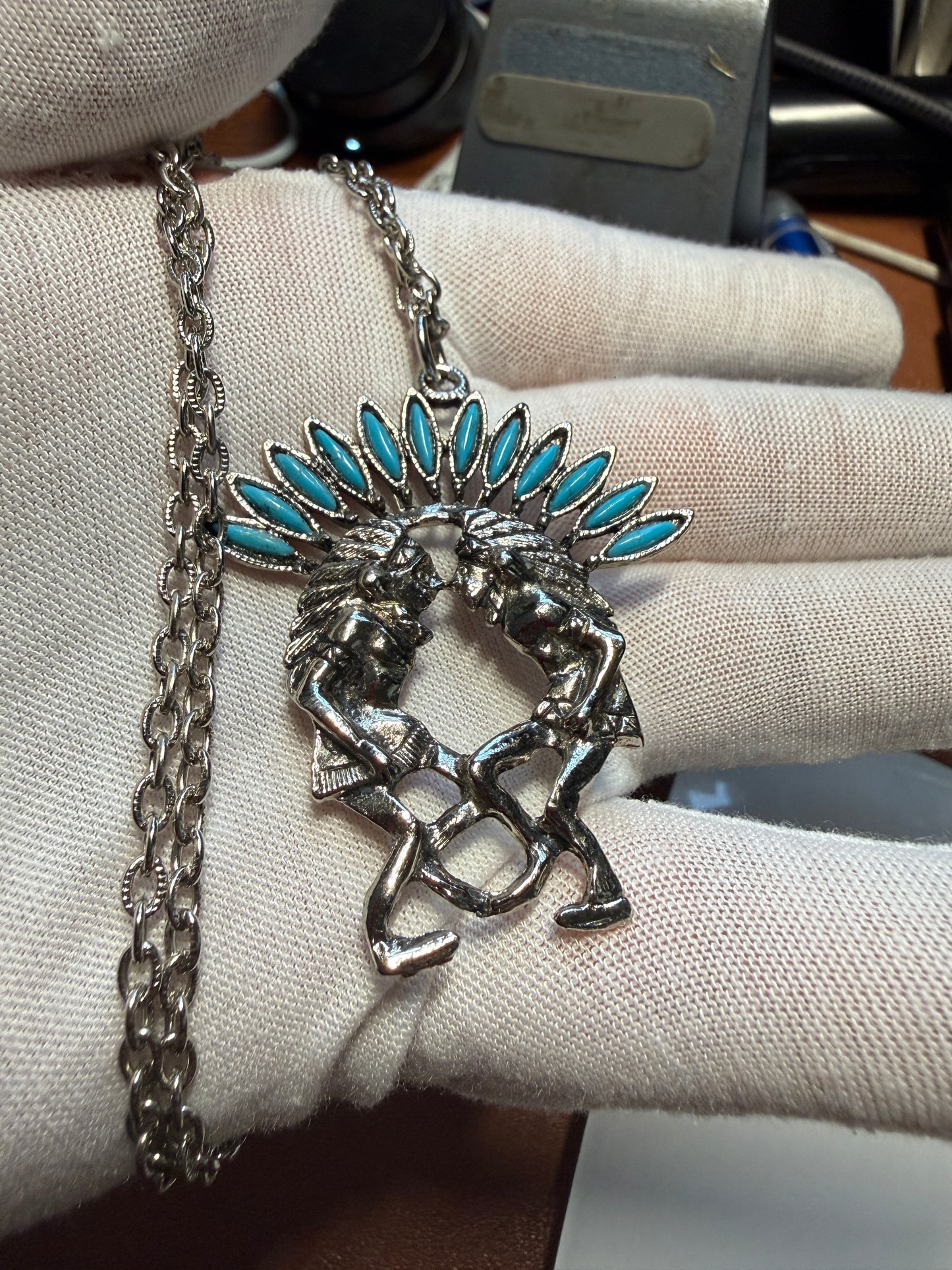 Native American Pendant Necklace, Chiefs, Headdress, Stainless Steel 25" long #12