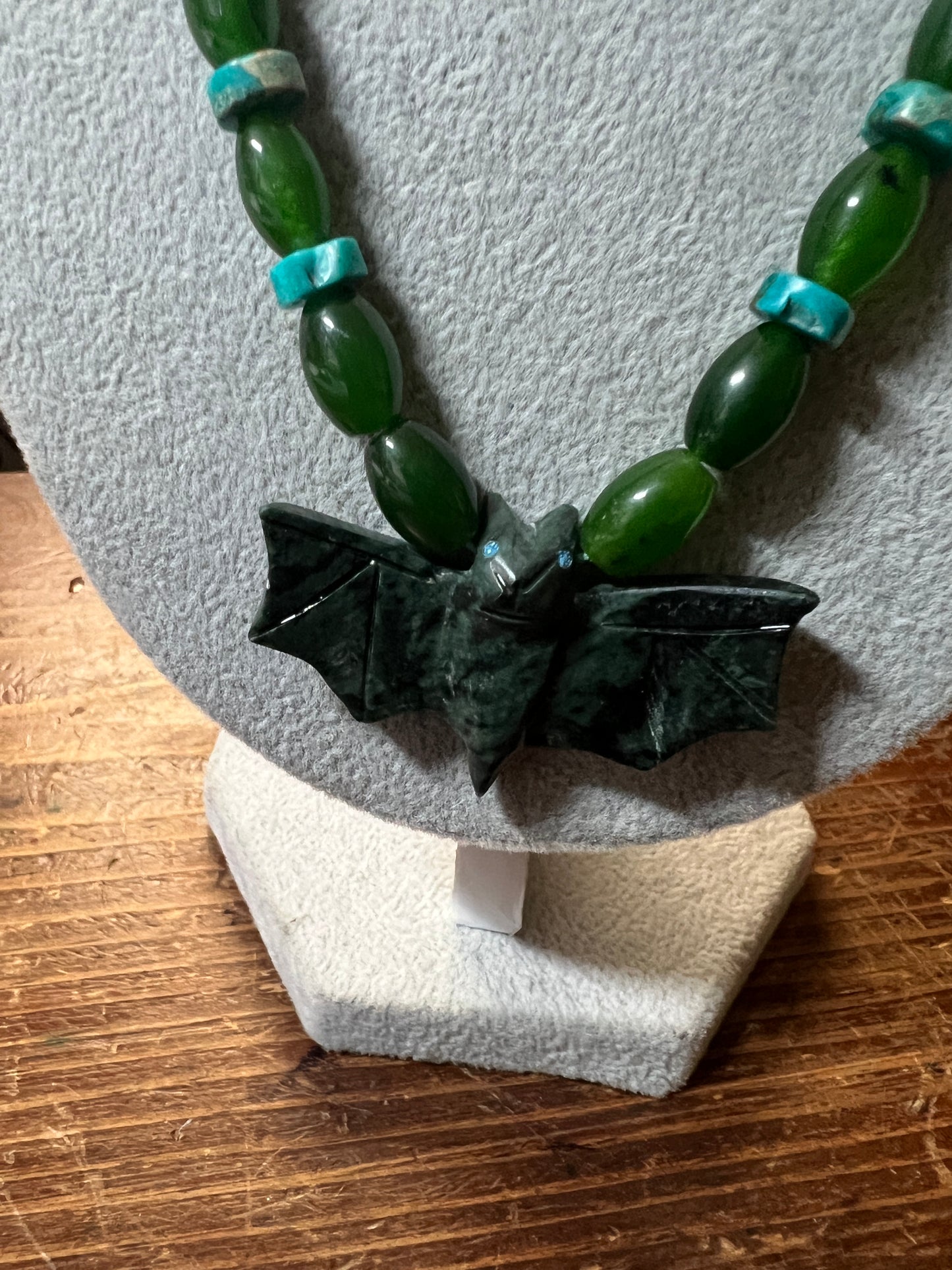 Murcielago Bat Jade Pendant Nefrite Beaded Necklace, gothic, bats, Native American (#13)