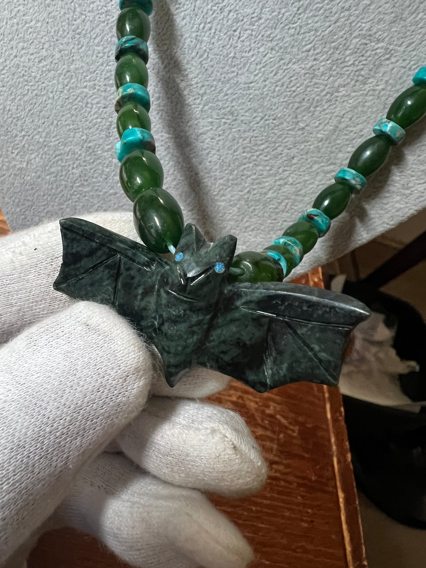 Murcielago Bat Jade Pendant Nefrite Beaded Necklace, gothic, bats, Native American (#13)