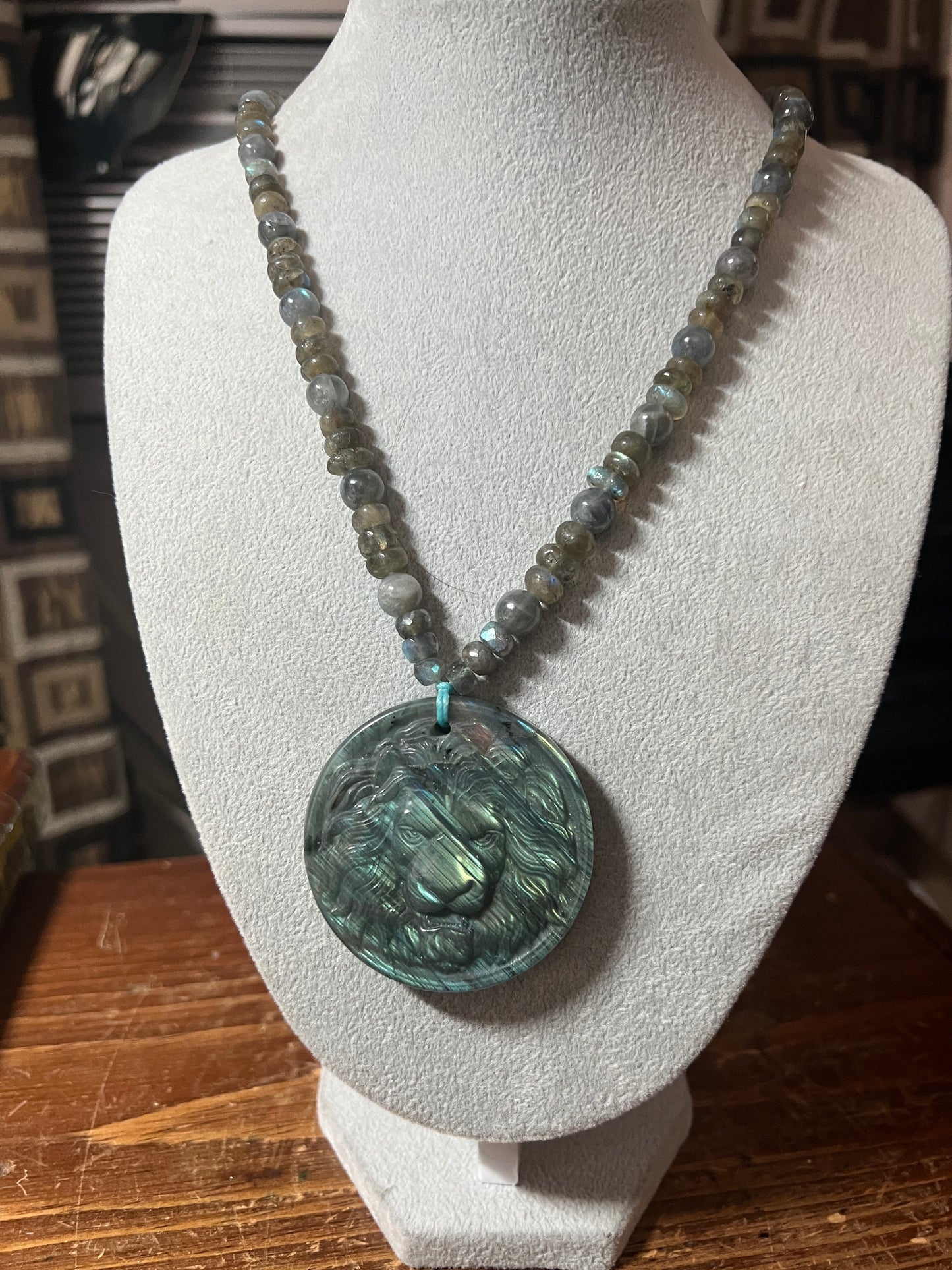 Lion Labradorite Pendant Beaded Necklace, Lions, King of Jungle, Rare, Unique (#15)