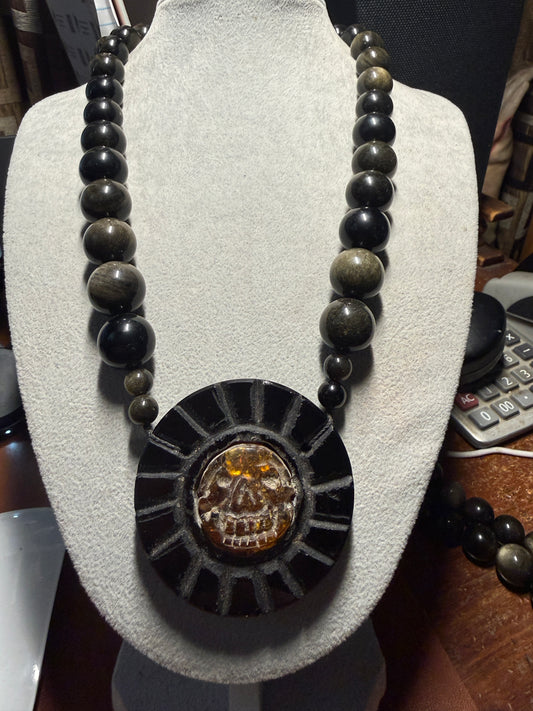 Piedra de Muerte, Stone of Death, Mexican, Obsidian Amber Pendant, Neckace, Mex #H